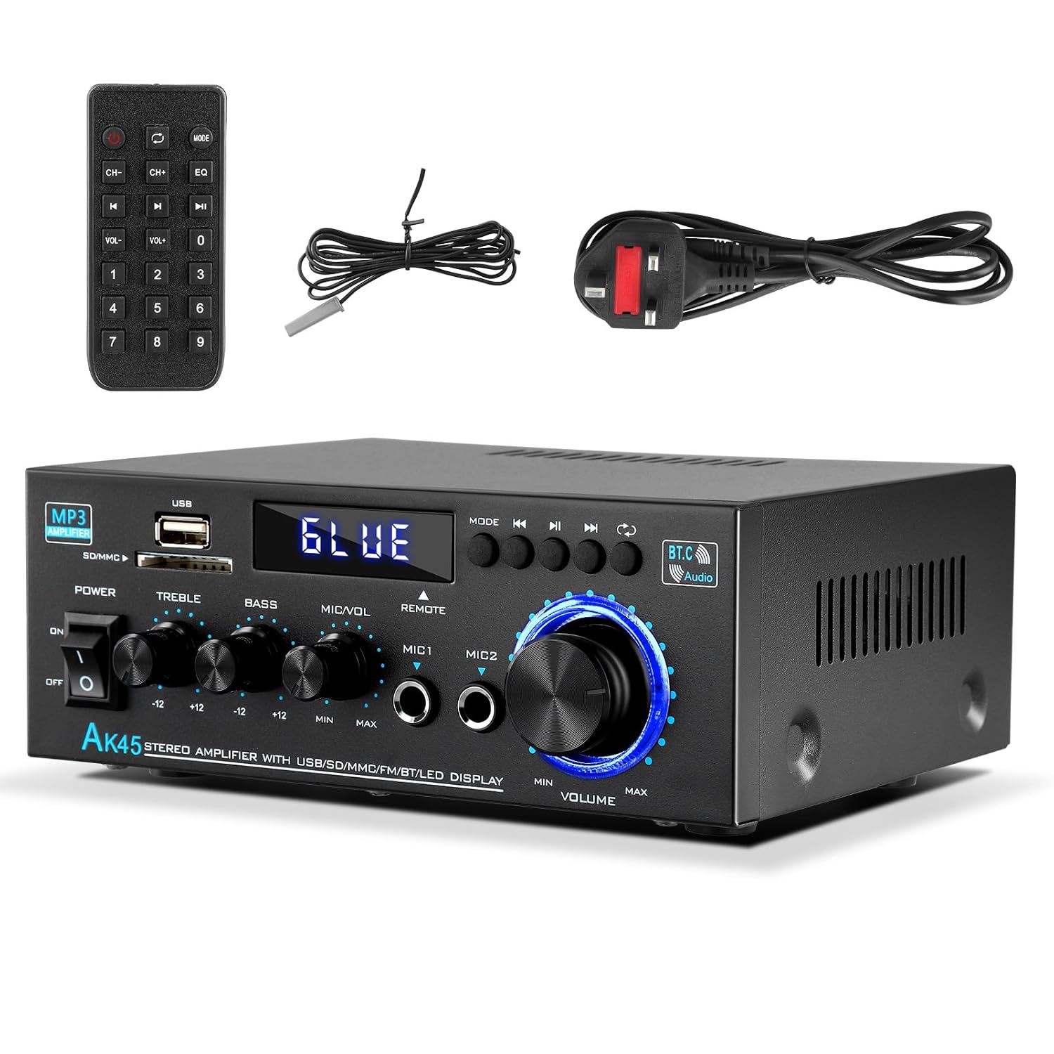 Stereo Audio Amplifier, Bluetooth 2.0 Amplifier HiFi for Speakers FM Radio, LCD Display & Remote Control, w/FM Radio Karaoke, w/USB/SD/RCA/MIC/FM in, for Home Speakers 40W x 2 with Power Amplifier