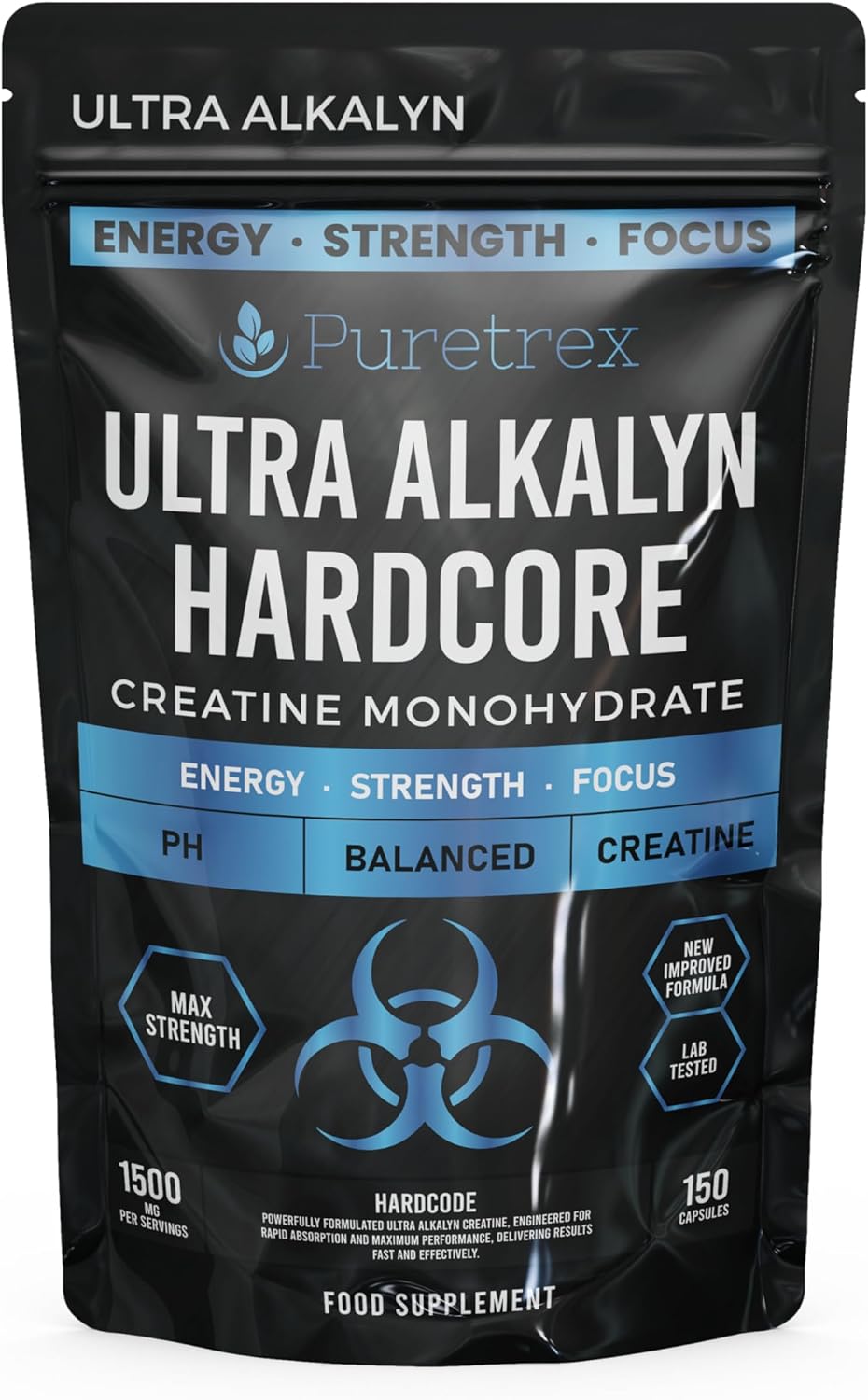 Puretrex Ultra Alkalyn Hardcore Creatine Monohydrate, 150 Capsules, Max Strength, Balanced pH, Energy, Strength, Focus KRE