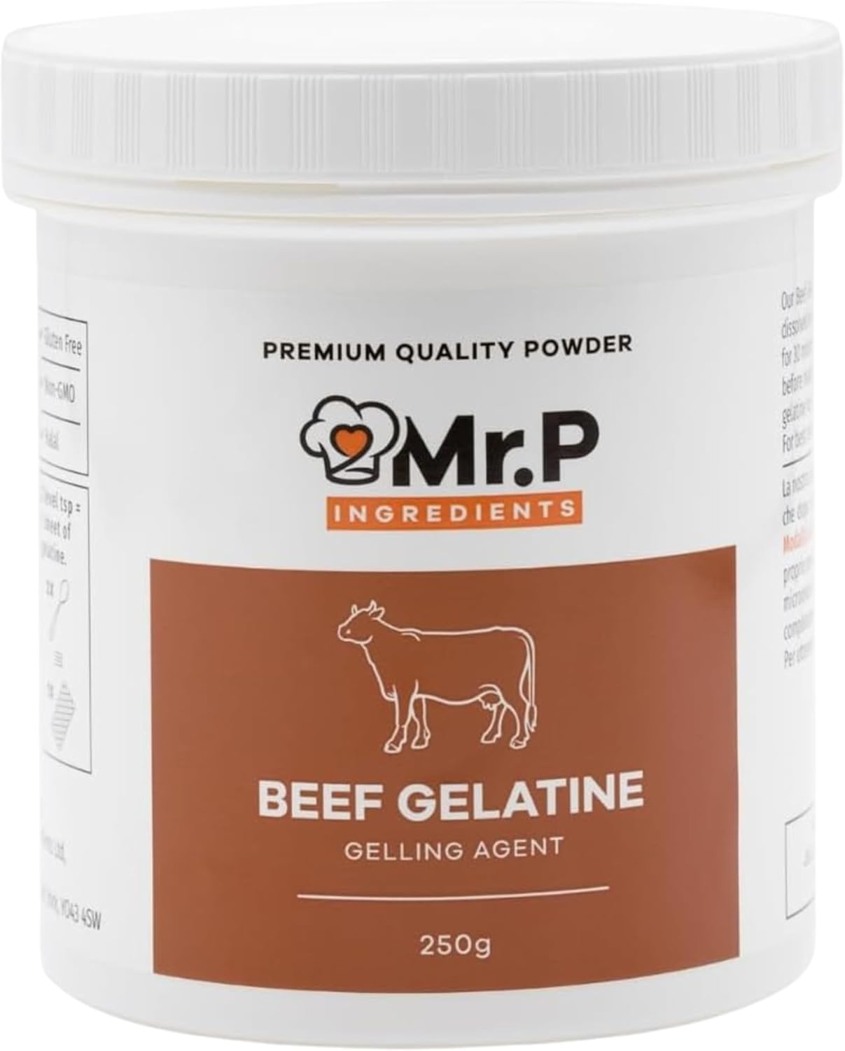 Mr.P Ingredients Beef Gelatine 250g 250 Bloom Powder Unflavoured Stabiliser Gelling Aerating Agent Instant Gluten Free Non-GMO Halal (Recyclable Pot)