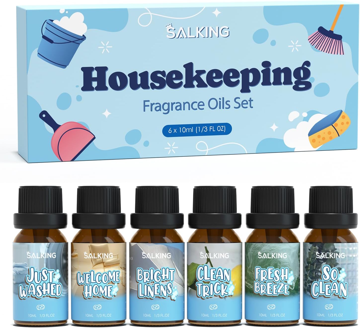 SALKING Housekeeping Fragrance Oils, Essential Oils Gift Set, Diffuser Oils, Scented Oils for Soaps Candle Making - Just Washed, Welcome Home, Bright linens, Clean Trick, Clean Breeze, So Clean