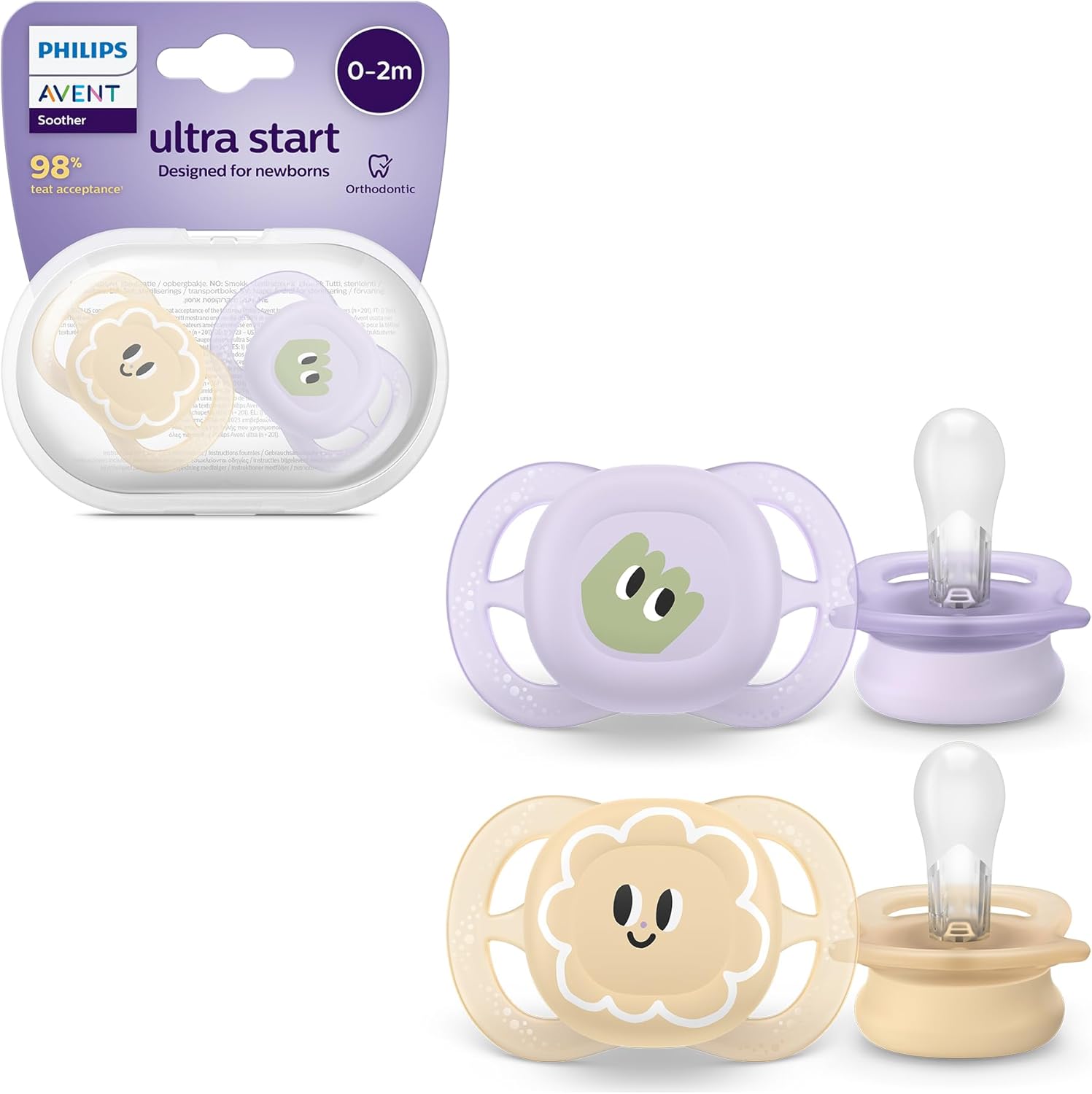 Philips Avent Ultra Start Soothers, Orthodontic Dummies Designed for Newborns, Silicone Symmetrical Teat, BPA Free, with Sterilising/Carrying Case, 2 Pack, Model SCF075/03