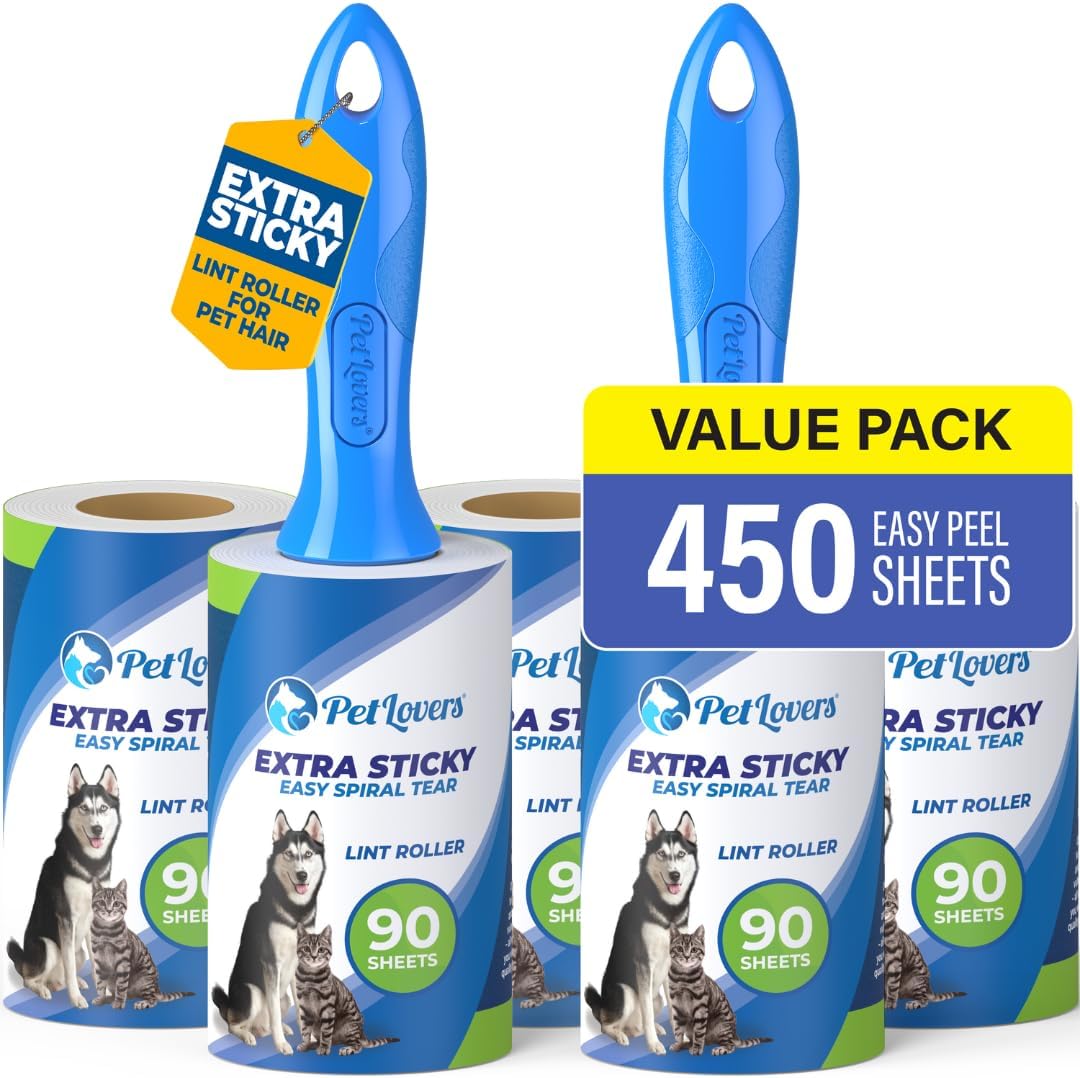 PetLovers Extra Sticky Lint Roller Mega Value Set 450 Sheets for Pet Hair Removal Dog and Cat Lint Remover 5 Pack