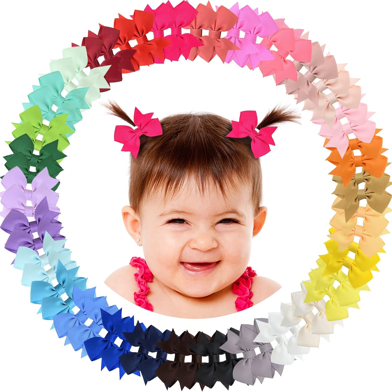 60Pieces Baby Girls Clips 2" Mini Hair Bow Grosgrain Ribbon Hair Bows with Fully Ribbon Lined Alligator Clips for Baby Girls Infant Toddlers Kids 30 Colors in Pairs
