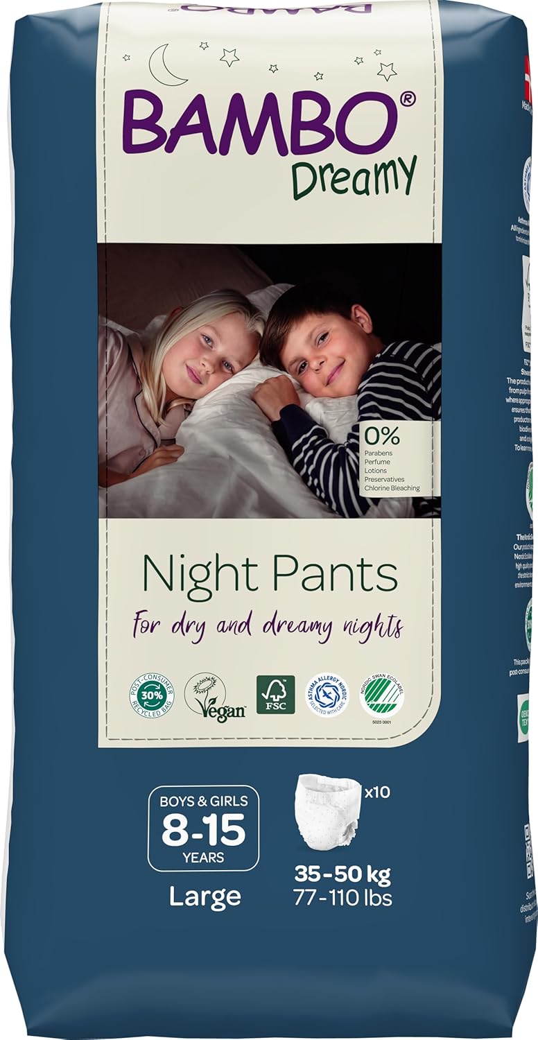 Bambo Nature Dreamy Night Pants Nappies, (Children Aged 8-15, 35-50kg), 10PK Pull Up Pants, Eco Nappies Keep Beds Dry All Night, Pull Ups Training Nappy, Secure, Comfortable, Potty Training