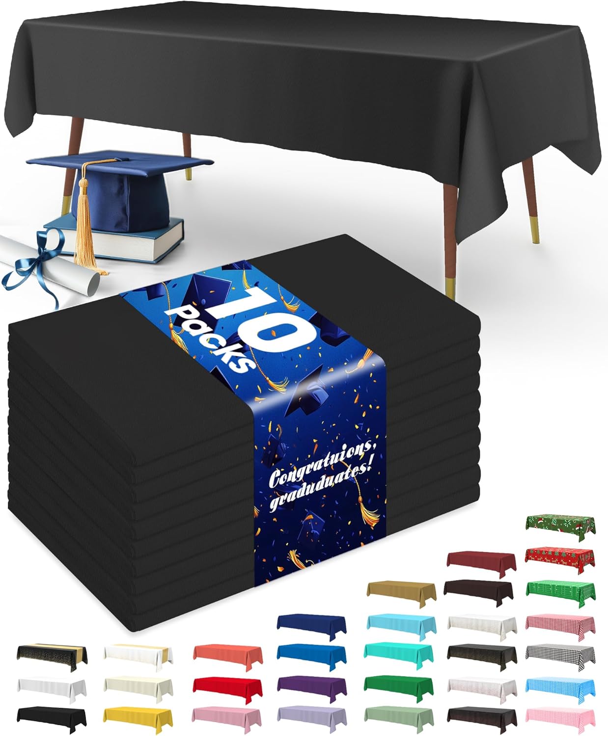 Pureegg Plastic Table Cloth Disposable 10 Pack, 54 x 108 Inch Table Cloths, Graduation Decorations Class of 2025, Graduation Party Tablecloths, Rectangle, Plastic Cover, Leakproof & Sturdy, Black
