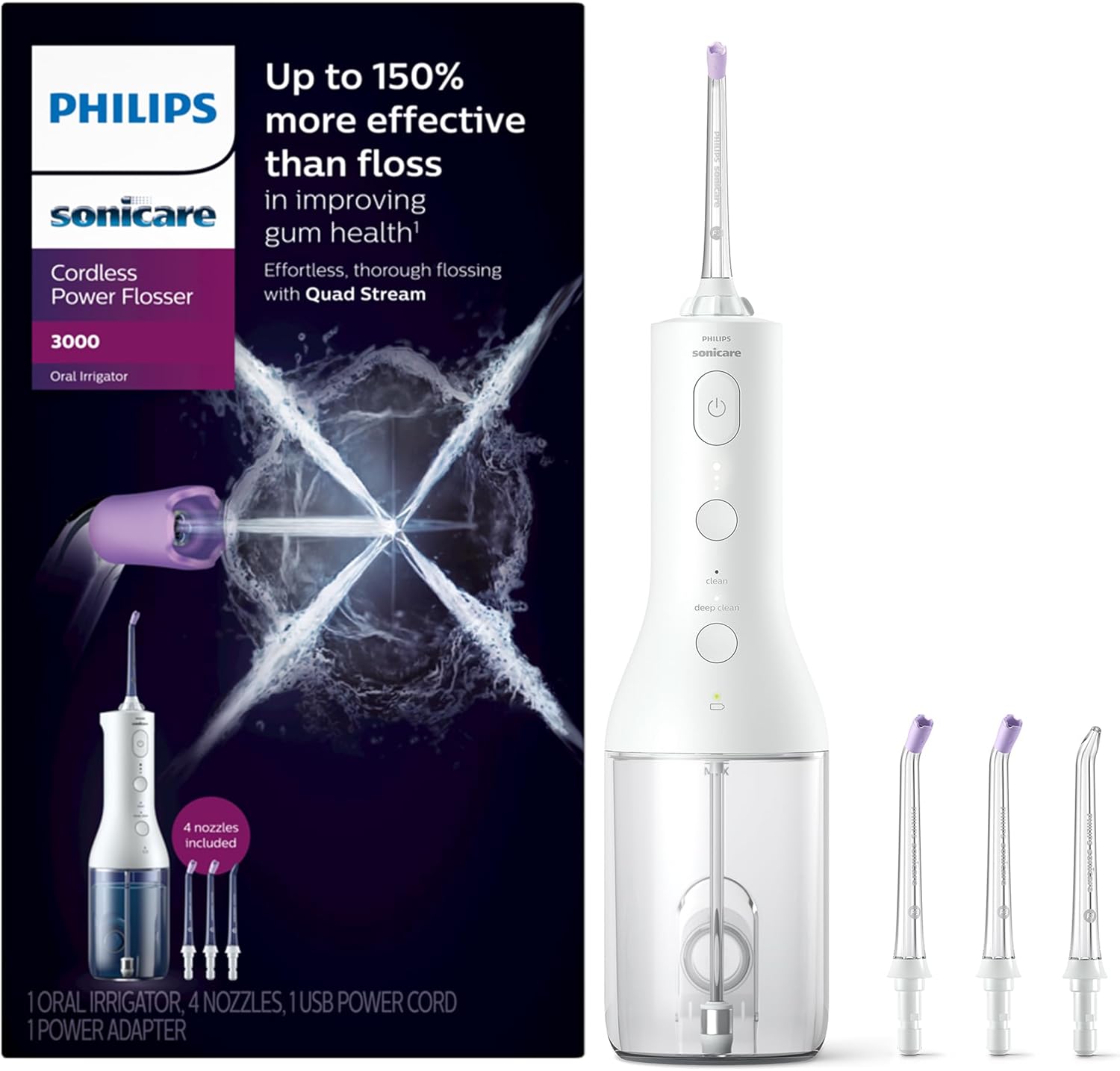 Philips Sonicare Cordless Power Flosser 3000 + 2 Additional Nozzles (4 Total) White, HX3827/21
