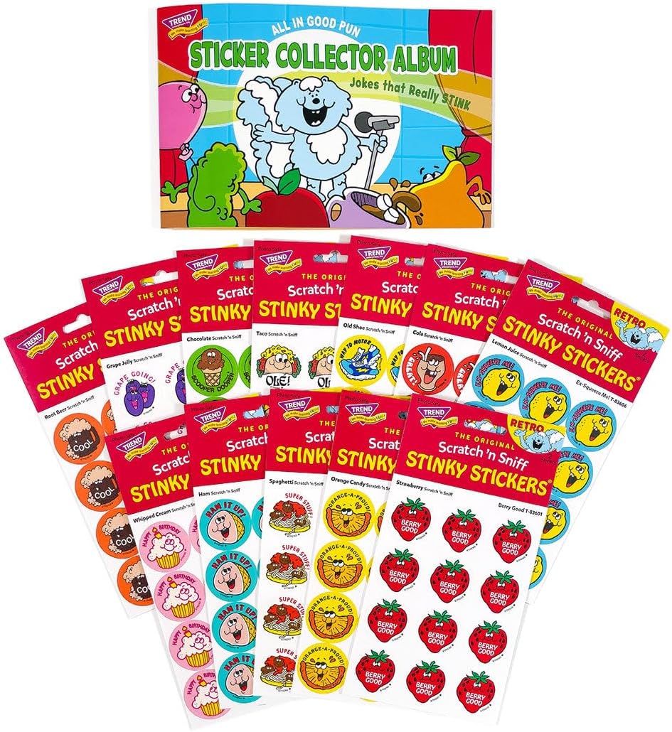 All in Good Pun Retro Scratch 'n Sniff Stinky Stickers and Album Combo Pack by TREND - 12 Sticker Packs, 1980s Authentic Designs!