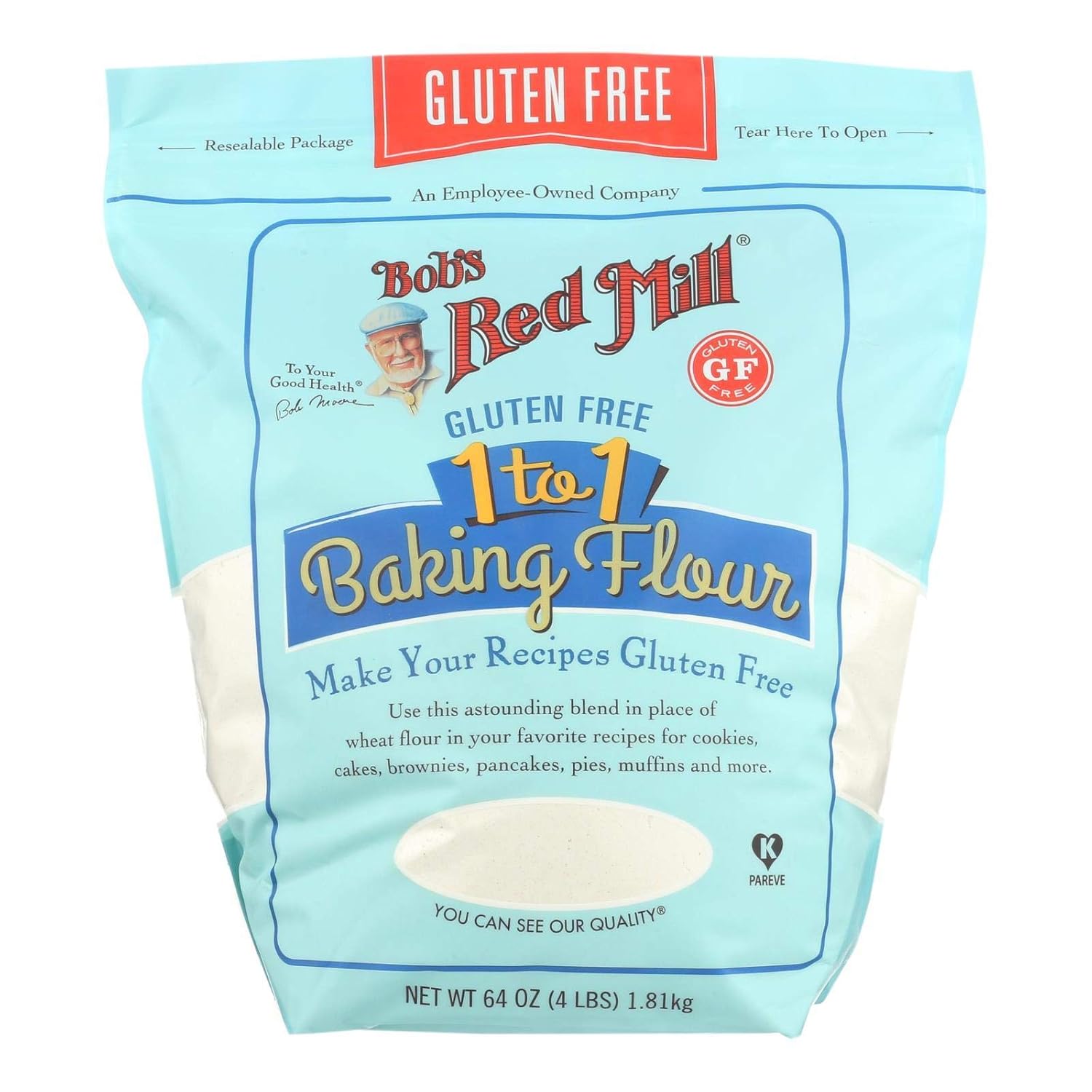 Bob's Red Mill Gluten Free 1 to 1 Baking Flour, 64oz (Pack of 4) - Gluten Free, Non GMO, Vegan, Kosher