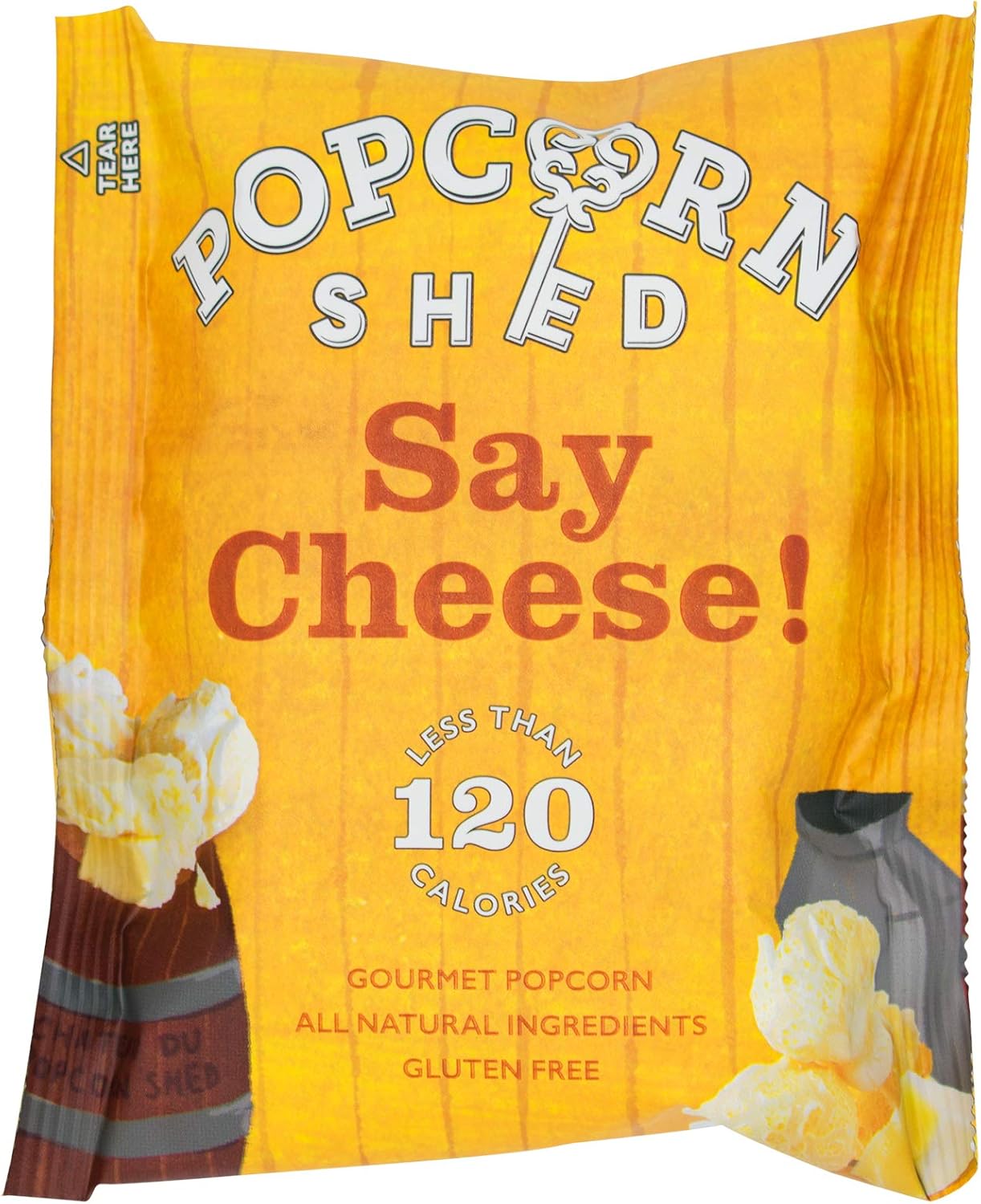 Popcorn Shed Say Cheese Gourmet Popcorn Snack Pack, Cheddar Cheese Flavoured Popcorn, Gluten Free, Low Calorie, Natural & Vegetarian Lunch Box & Movie Night Snacks, 16g
