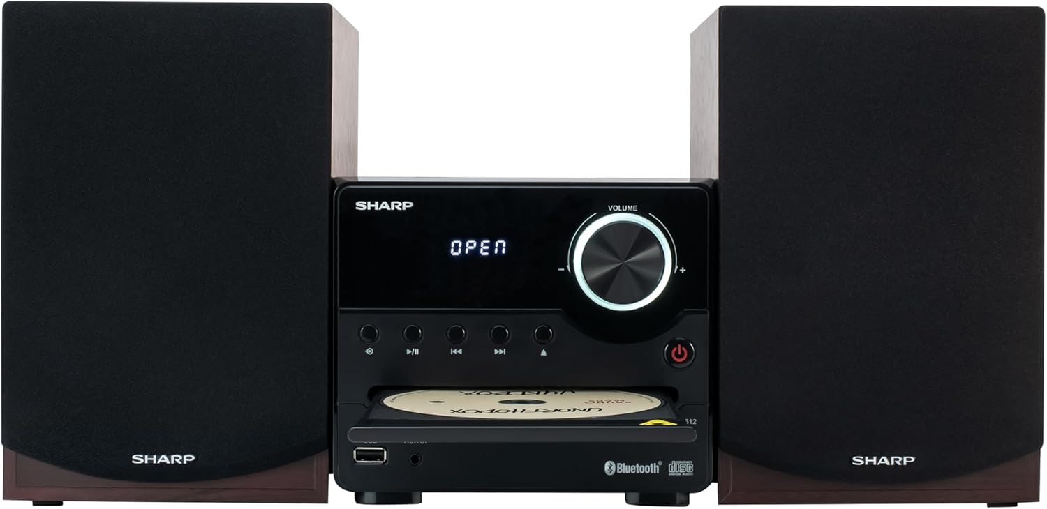 Sharp XL-B512 Micro Component Wireless Bluetooth Audio Streaming & CD Player Wood Speaker System + Remote, USB Port, MP3 Playback, FM Stereo Digital Tuner, Aux Input, Mahogany Oak