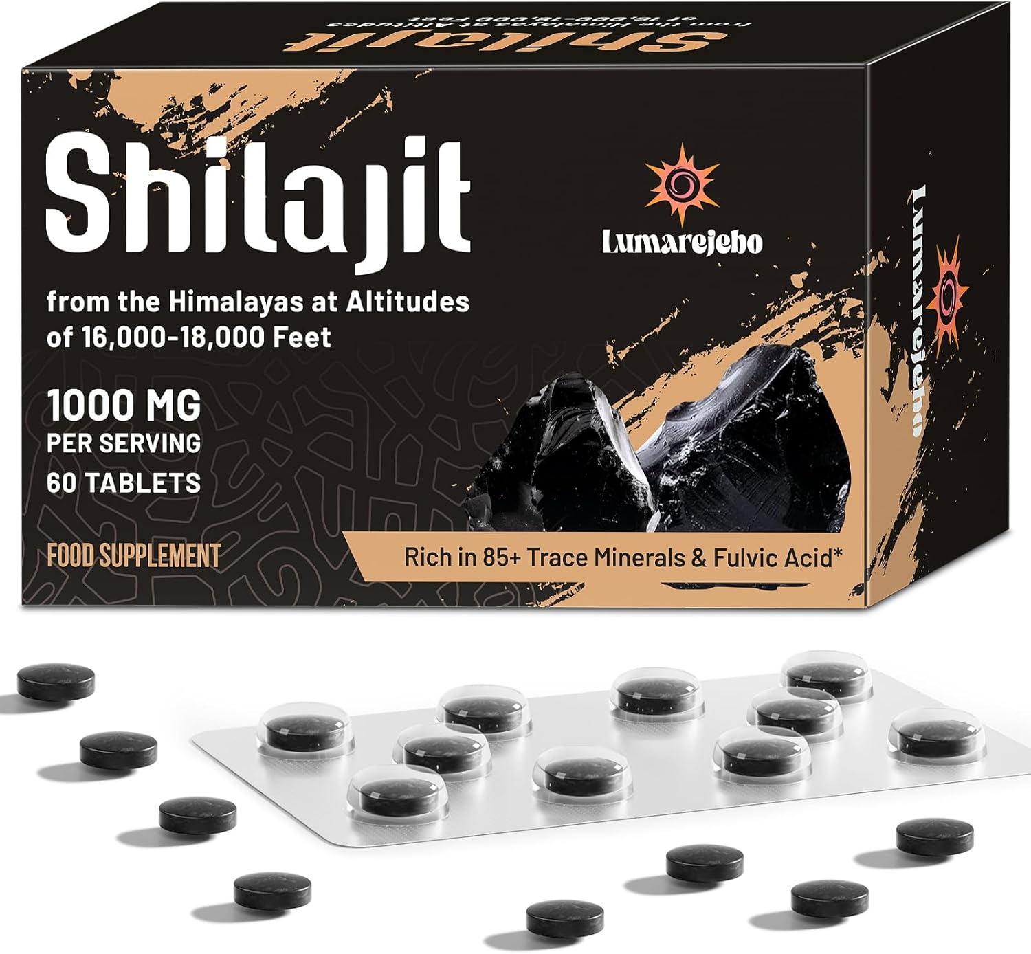 Lumarejebo Shilajit Tablets 30,000 mg, 100% Pure High Strength Himalayan Shilajit Tablets, Rich in 60% Fulvic Acid and 85+ Trace Minerals, Energy and Immune Support, 60 Count (Pack of 1)