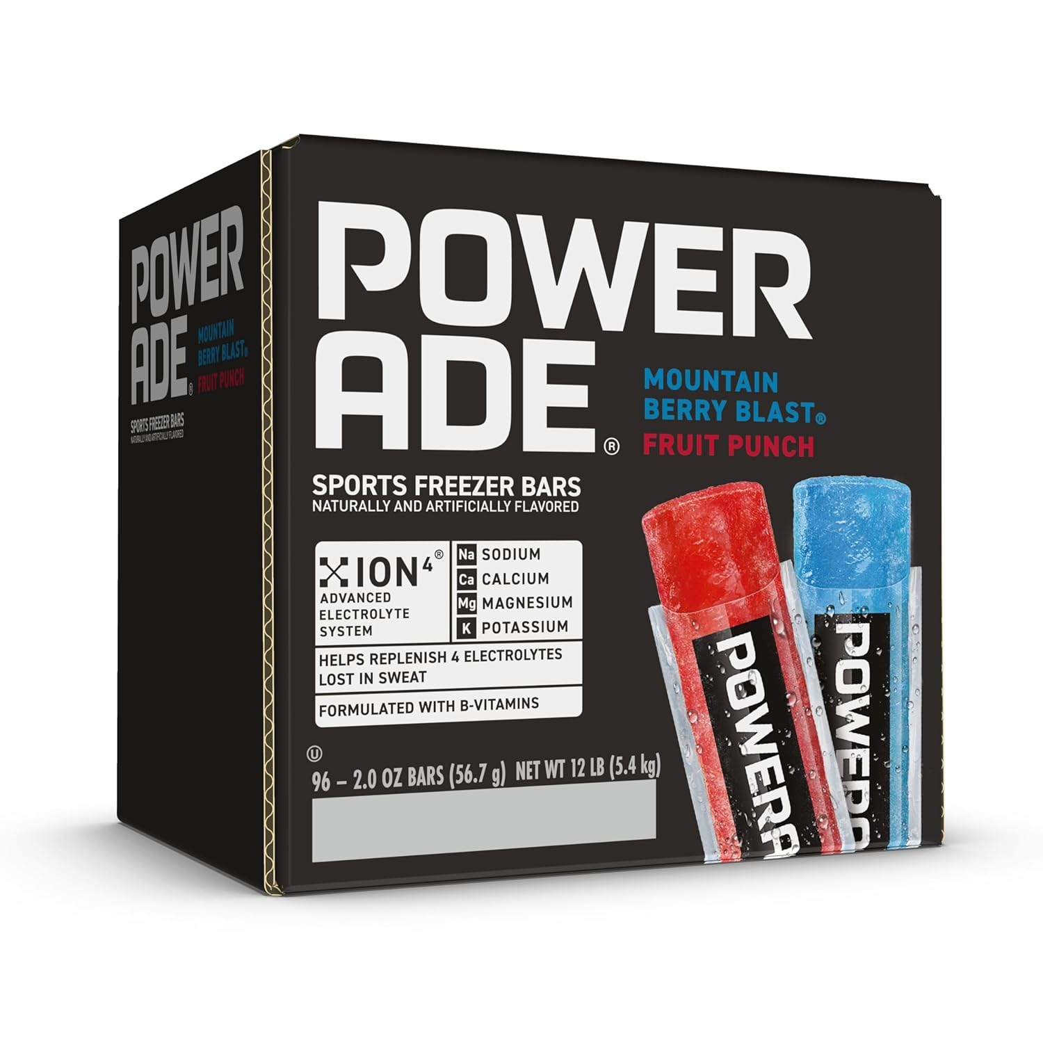 POWERADE Sports Freezer Bars 2 oz, Refreshing Ice Pops with Electrolytes B Vitamins – Naturally Flavored with other Natural Flavors, Mountain Berry Blast and Fruit Punch, 96 Total Freezer Bars
