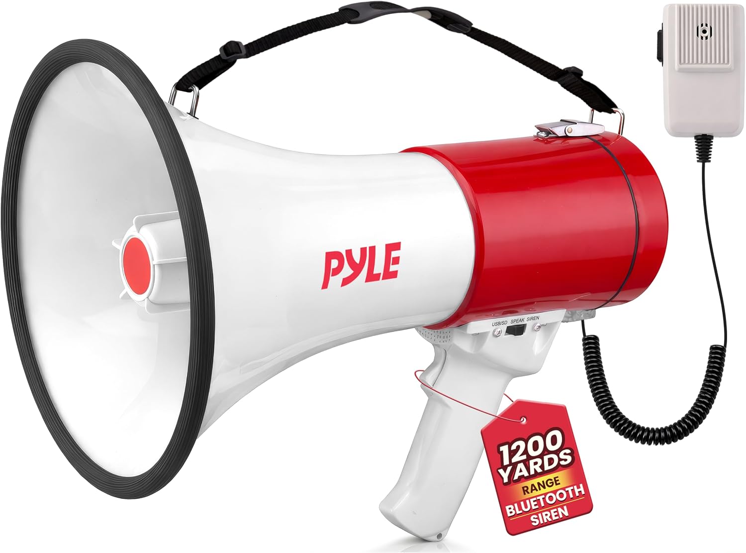 Pyle 50W Megaphone PA Bullhorn Speaker with Built-in Siren, Adjustable Volume Control, USB/SD/AUX Inputs for Music, 1200-Yard Range, Ideal for Sports, Cheer, Coaching, Outdoor Events, & Emergency Use