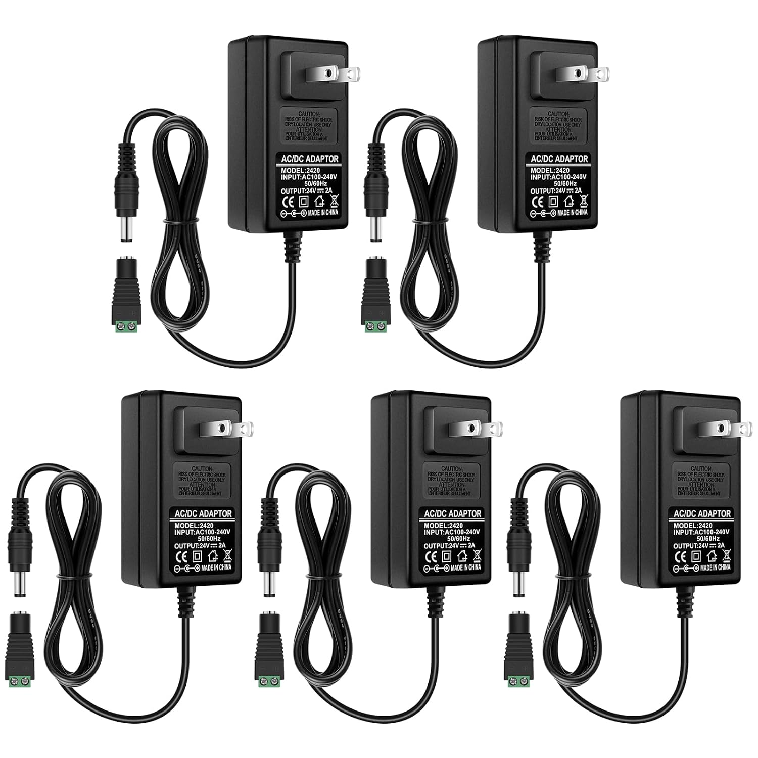 inShareplus 5 Pack DC 24V Power Supply, 100-240V AC to DC 24 Volt 2A 48W LED Driver, Low Voltage Transformer with 5.5mm x 2.1mm DC Plug, Wall Adapter for 24V LED Strip Light, CCTV Camera