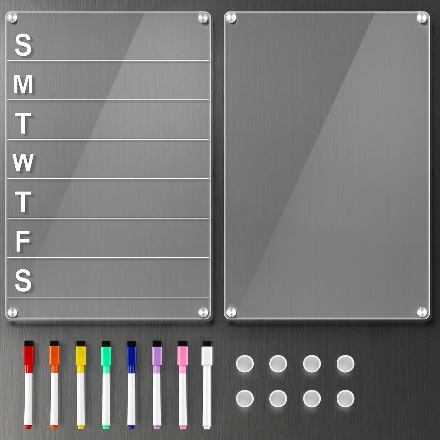 2 Pack 12''*8'' Acrylic Magnetic Planning Board Set, Clear Weekly Meal Planner with Whiteboard Memo, Menu Board for Kitchen with 8 Color Markers, Dry Erase Board for Shopping Grocery List/to Do List