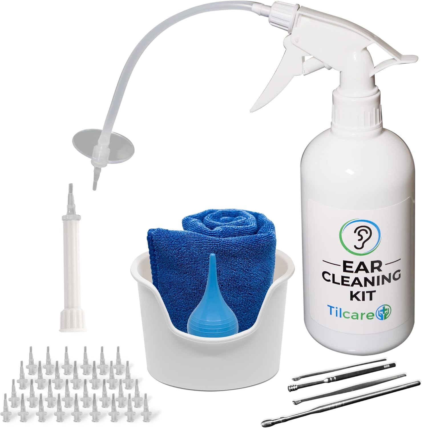 Ear Wax Removal Tool by Tilcare - Ear Irrigation Flushing System for Adults & Kids - Perfect Ear Cleaning Kit - Includes Basin, Syringe, Curette Kit, Towel and 30 Disposable Tips
