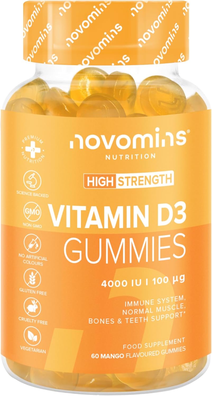 Vitamin D3 4000 IU Gummies - 1 Month Supply of Vitamin D - Vegetarian & Gluten Free Vitamin D3 - Vitamin D Gummies for Bones & Teeth - Alternative to Vitamin D Tablets & Spray - Novomins
