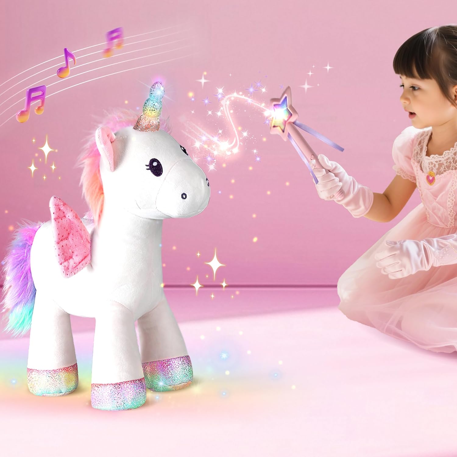 iPlay, iLearn Plush Magic Unicorn Toy W/Remote Control Fairy Magical Wand, Girl Music Unicorn Stuffed Animal W/LED Light Sound, Interactive Birthday Gift 18 24 Month Baby Toddler 2 3 4 5 6 7 Year Kid