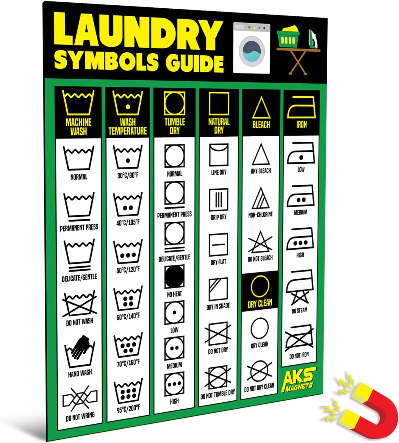 Laundry Symbols Guide Magnet - Extra Large Easy to Read 8.5” x 11” Clothing Care Instruction Cheat Sheet – Washing, Drying, Ironing & Bleaching Accessory - Functional Modern Laundry Room Art Decor