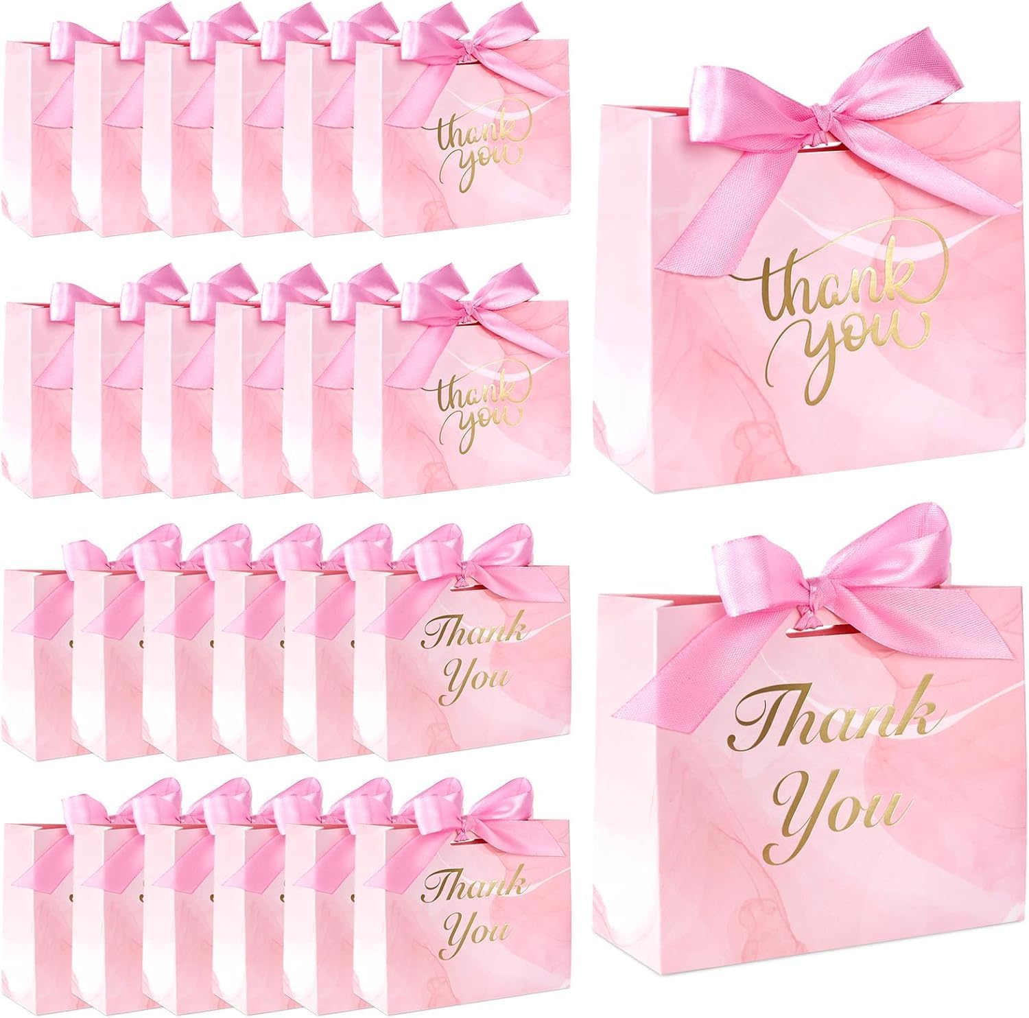 VGOODALL 24PCS Thank You Gift Bags, 4.5x3.9x1.8Inches Mini Party Favor Bags Pink Treat Boxes with Bow Ribbon for Wedding Bridal Baby Shower Birthday Party