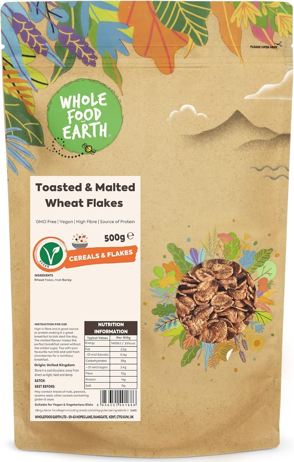 Wholefood Earth Toasted and Malted Wheat Flakes 500 g | GMO Free | High Fibre | Source of Protein