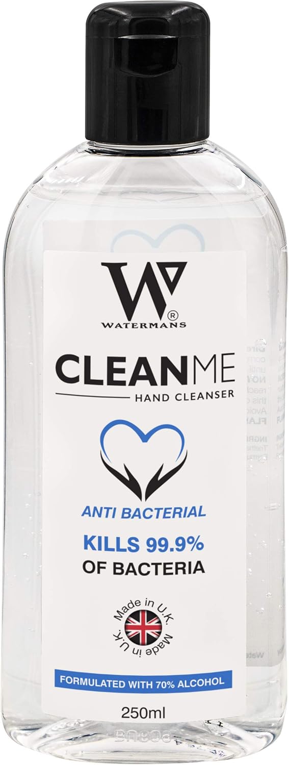 Watermans Hand Sanitiser, None Sticky 70% Alcohol Hand Gel 250ml - Effective Against 99.9% of Viruses and Bacteria, Cleans, Cares and Protects.