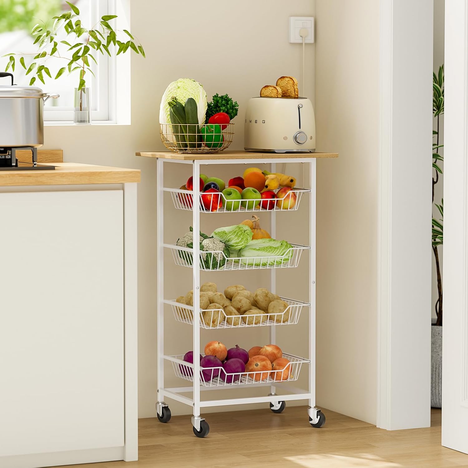ThreeHio 5-Tier Small Kitchen Storage Cart on Wheels (White)