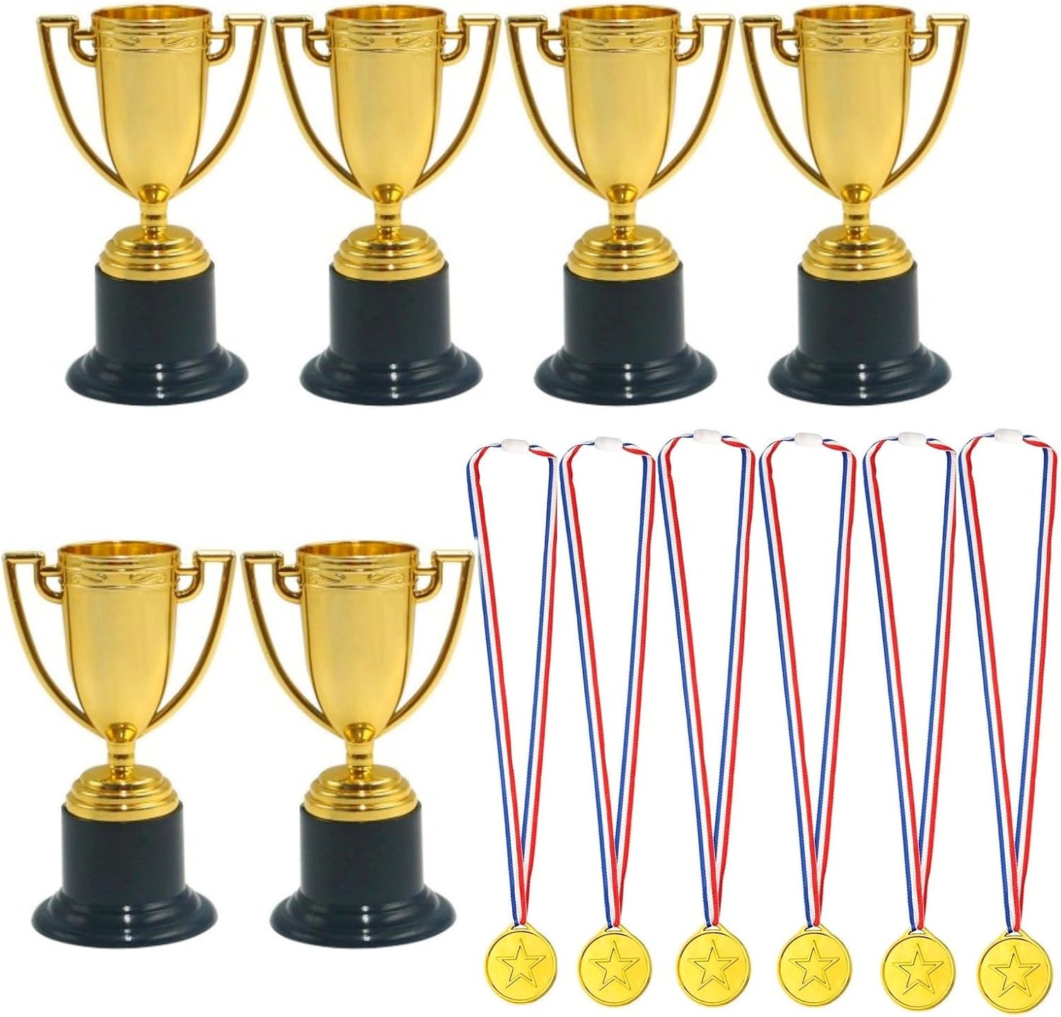 JZK 6 X Plastic trophy and medals awards winner set, mini plastic trophy cups for kid party sports awards party bag fillers for football baseball basketball rugby game prizes