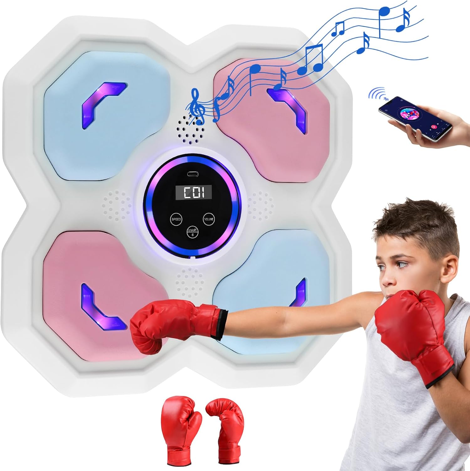 Boxing Machine Wall Mounted,Smart Music Boxing Machine with Boxing Gloves, USB Charging, Blue-tooth Music Boxing Training Punching Equipment with LED Light for Beginners, Adults, Kids Age 8+
