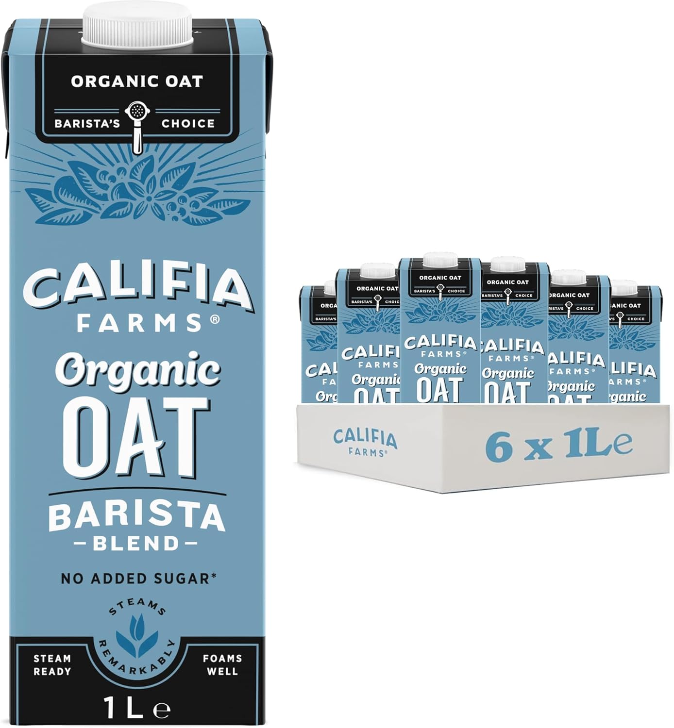 Califia Farms Organic Oat Barista Blend - Lactose Free, Dairy Free, No Added Sugar, Vegan, Plant Based Drink (6 x 1L)