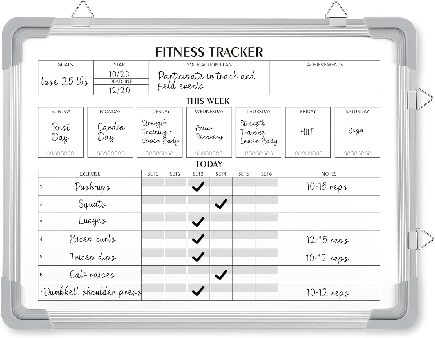 Lincia Fitness Tracker Whiteboard Workout Calendar for Home Gym Dry Erase Planner Hanging Removable to Do List for Wall Whiteboard with Aluminum Frame for Gym Fitness Program(16 * 12 Inch)