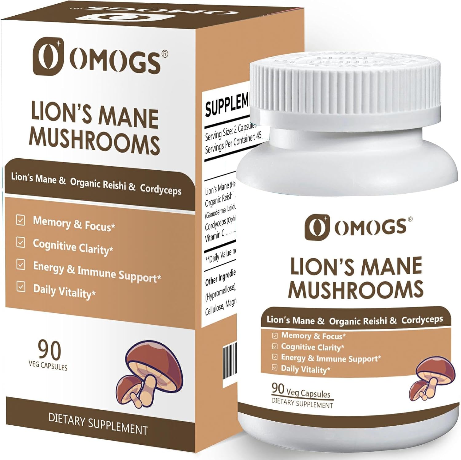 OMOGS Mushroom Complex Supplement Capsules 10:1 Extract, Lions Mane Supplement with Cordyceps, Reishi, for Brain Health, Memory Support, Focus & Immune System