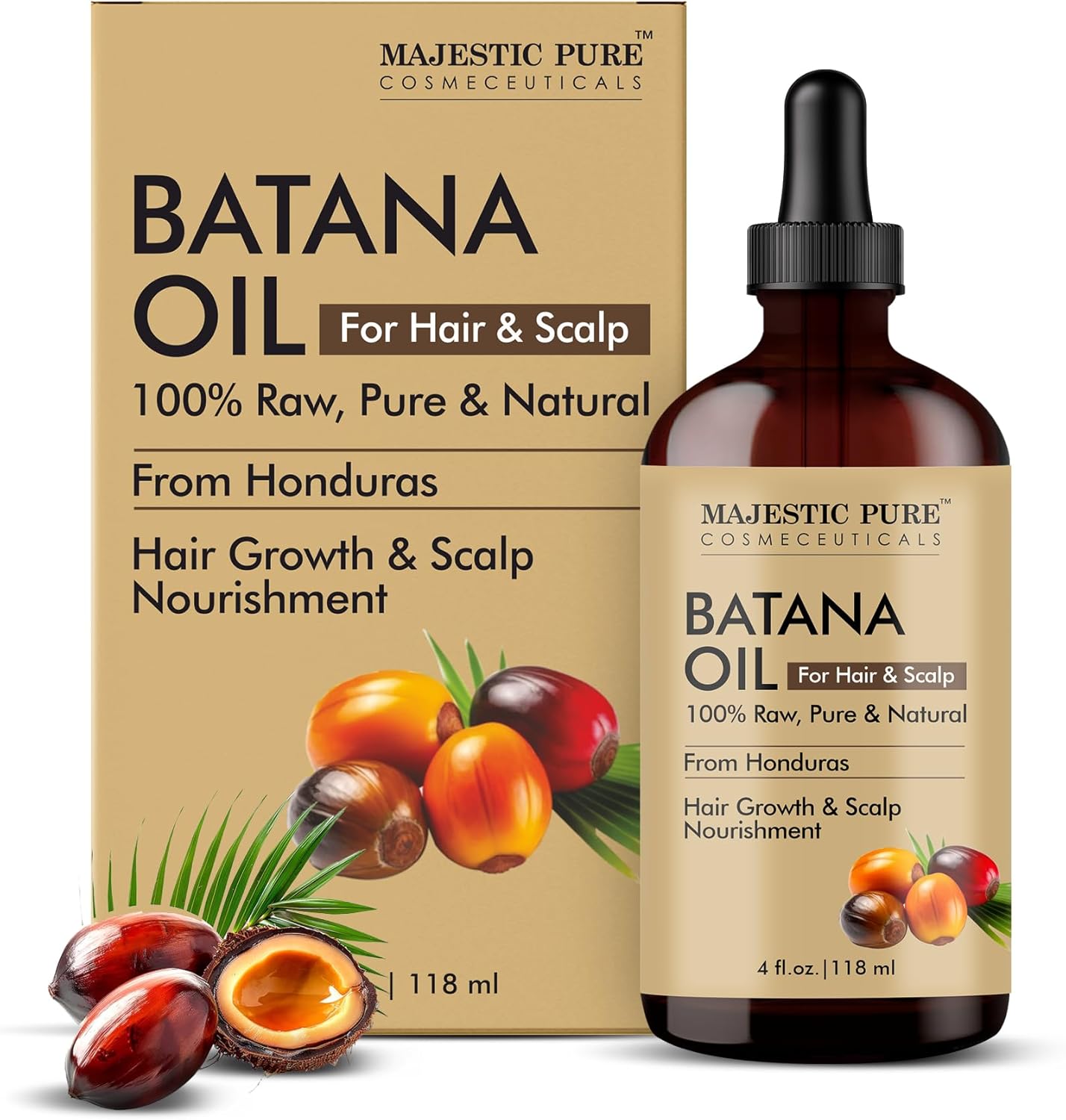 MAJESTIC PURE Batana Oil for Hair Growth | Moisturizes Scalp & Hair | Nourishing & Volumizing | 100% Pure & Natural | PETA Certified | 4 Fl Oz