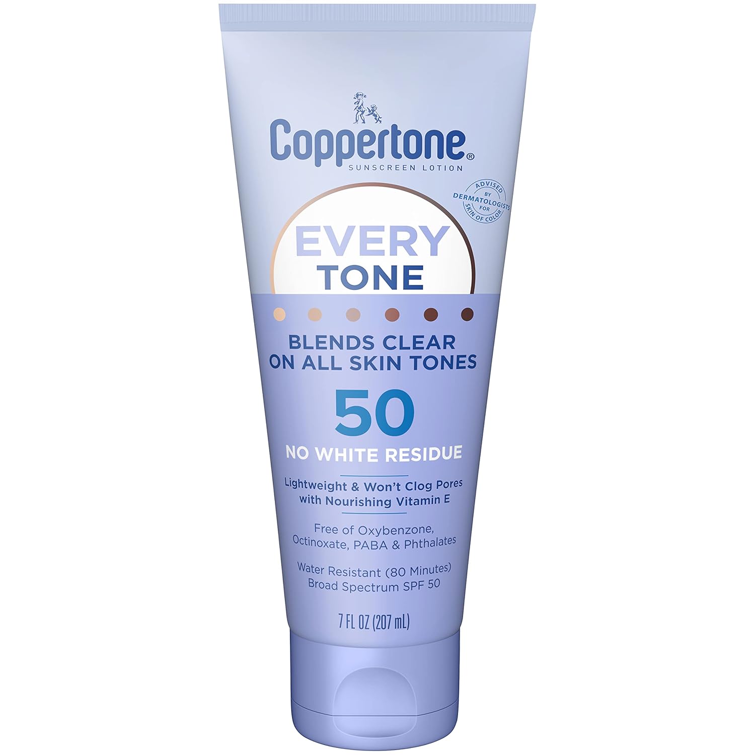 Coppertone Every Tone Sunscreen Lotion SPF 50, Lightweight, Rubs on Clear Sunscreen for All Skin Tones, Formulated with Nourishing Vitamin E, 7 Fl Oz Tube