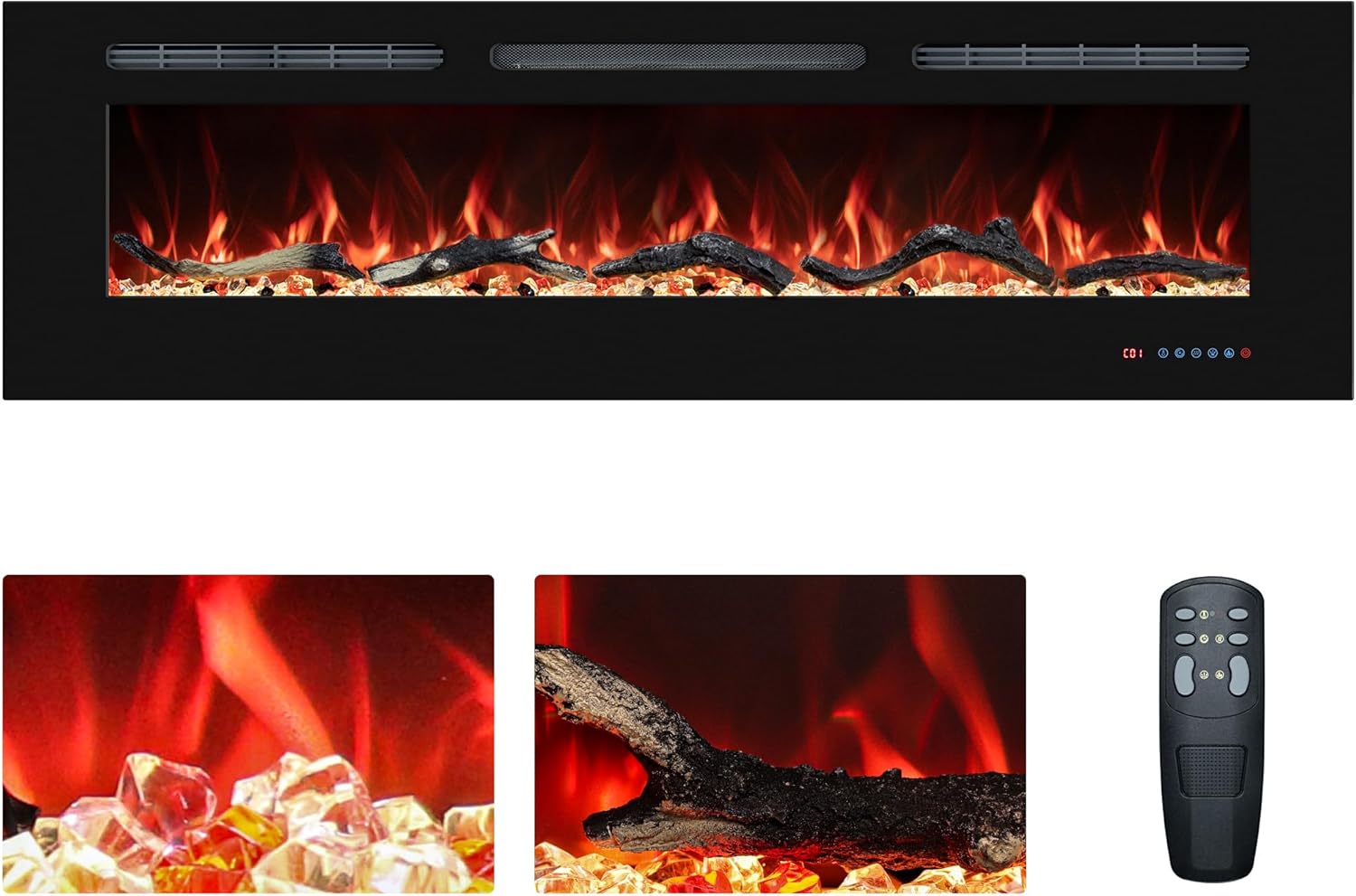 152cm Electric Fireplace Inserts, Recessed and Wall Mounted Fireplace Heater, Linear Fireplace/Thermostat, Remote & Touch Screen, Multicolor Flame, Timer, Log & Crystal, 750W/1500W