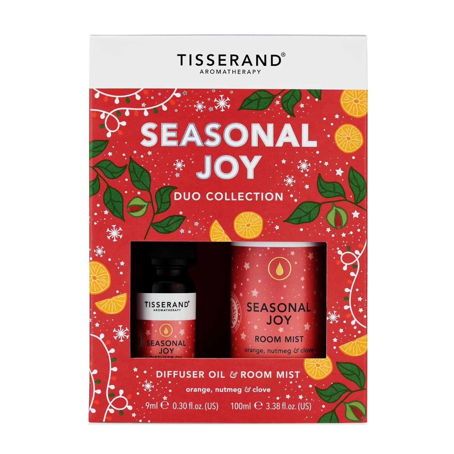 Tisserand Seasonal Joy Duo Collection - Essential Oils for Diffusers with Nutmeg, Orange, and Clove - Uplifting and Spicy Aroma Room Spray - 2 Pc