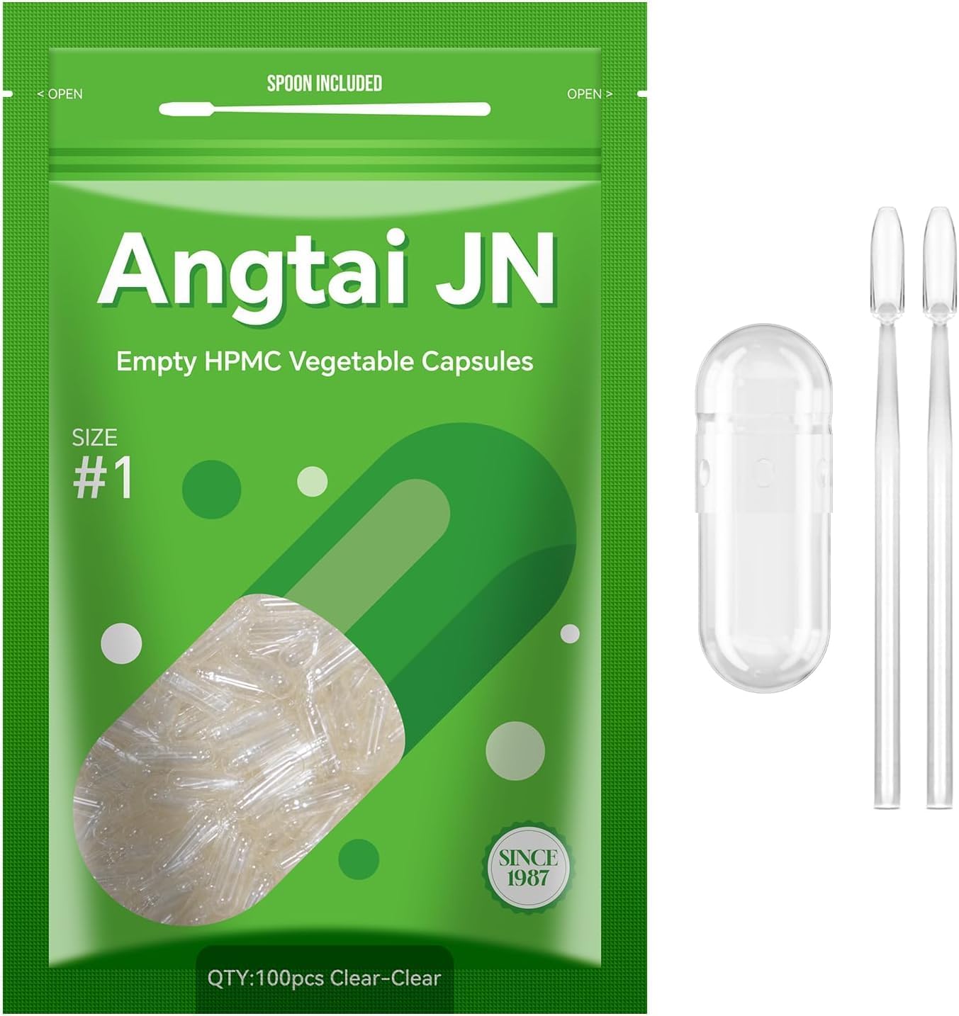 Empty Capsules, AngtaiJN 100 Count Clear Vegetarian Capsules, Size 1 DIY Pill Capsules Filling Empty Caps with Micro Lab Spoon, Kosher, ISO9001, Gluten Free, Halal Certified, Non-GMO Certified