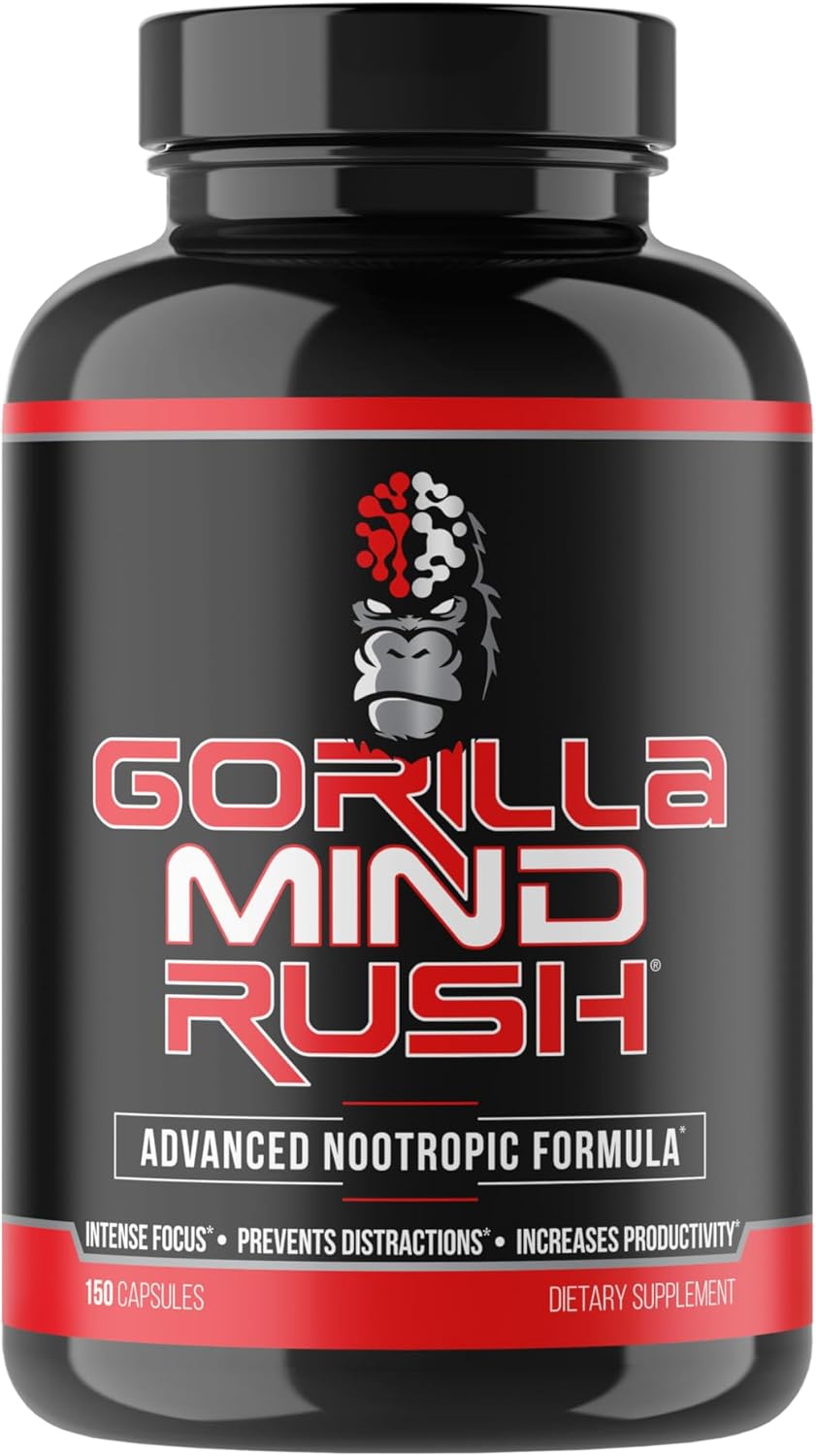 Gorilla Mind Rush - Nootropic Supplement | Intense Focus · Insane Productivity Cognitive Health Support, Memory, Focus, Concentration, Clarity | 150 Capsules