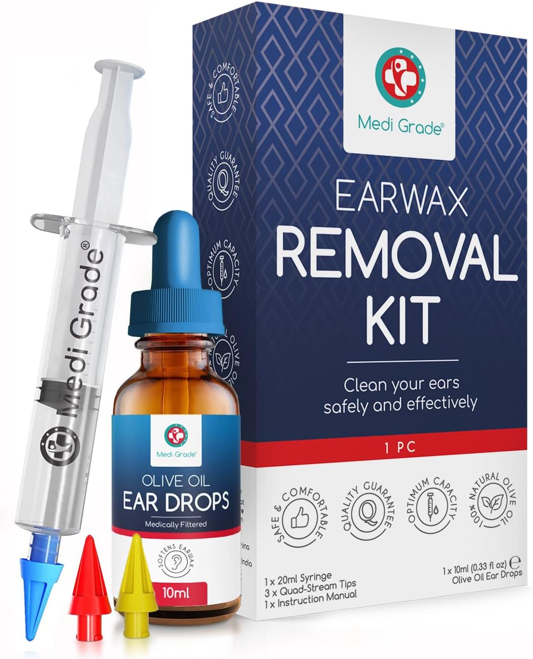 Medi Grade Ear Wax Removal Kit with Olive Oil Ear Drops, 10ml - The Original Ear Syringe Kit with Ear Wax Removal Drops for Softening and Safely Removing Earwax - Gentle Ear Cleaner Ear Wax Remover