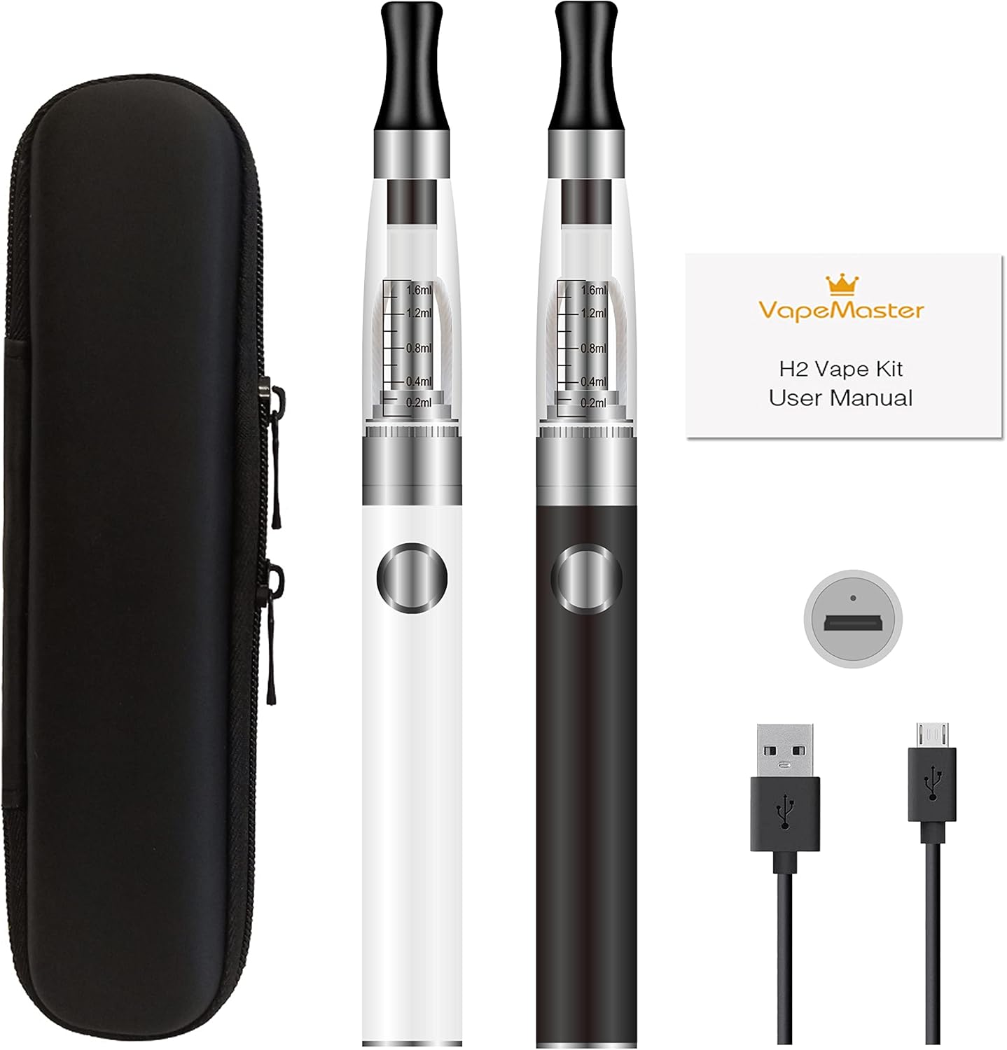 E Cigarettes Vape Pens Starter Kit VapeMaster H2 Dual Vape Pens, Easy To Fill And Charge, Long Lasting Battery, Pure Taste - No E-liquid, No Nicotine (Black White)