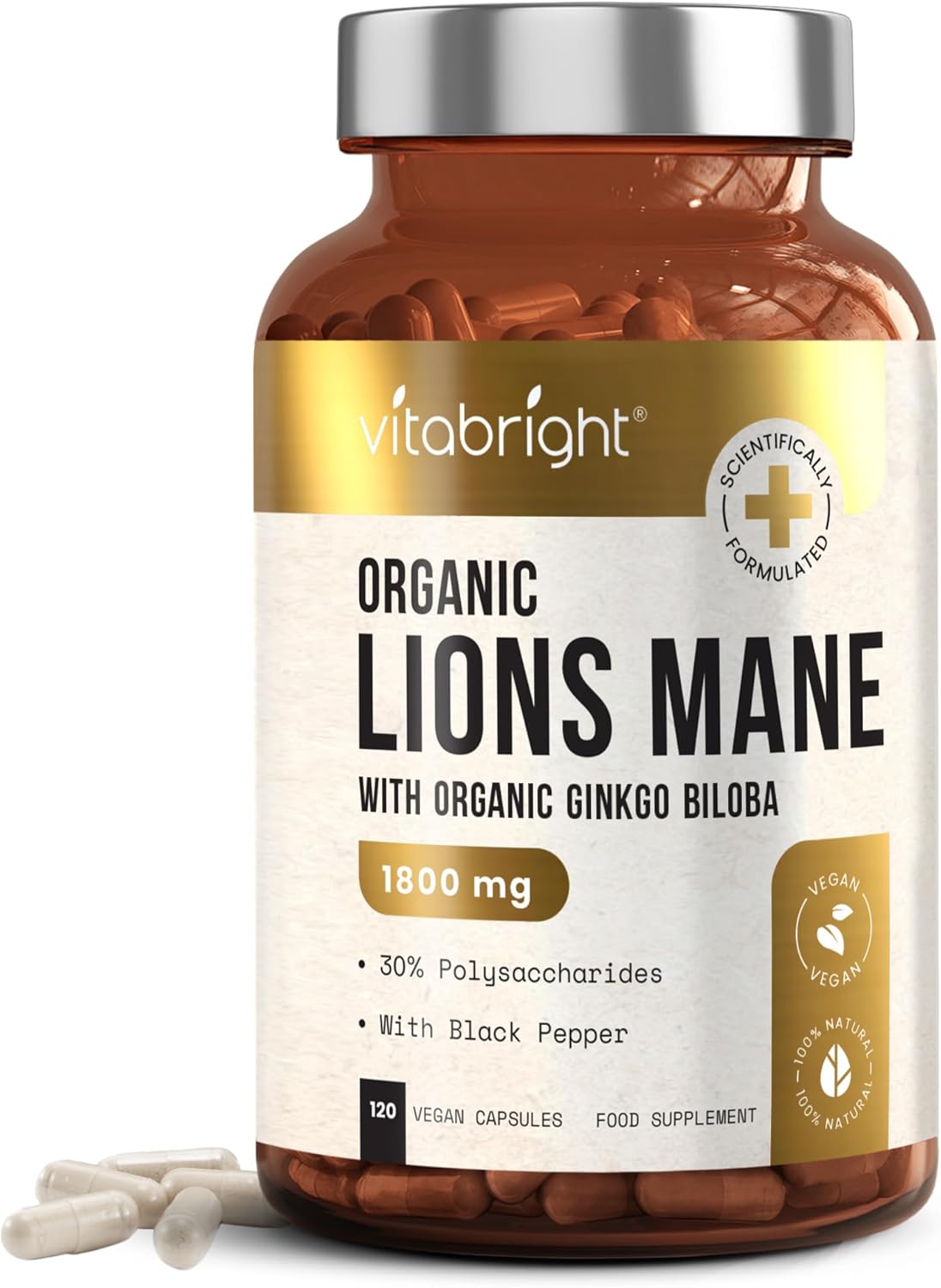 VitaBright Lions Mane Supplement Capsules | Mushroom Complex | 3600 mg per 2 Capsules | 4 Month Supply | Organic Lions Mane Powder & Gingko Biloba | High Strength Lionsmane Supplement | Made in UK