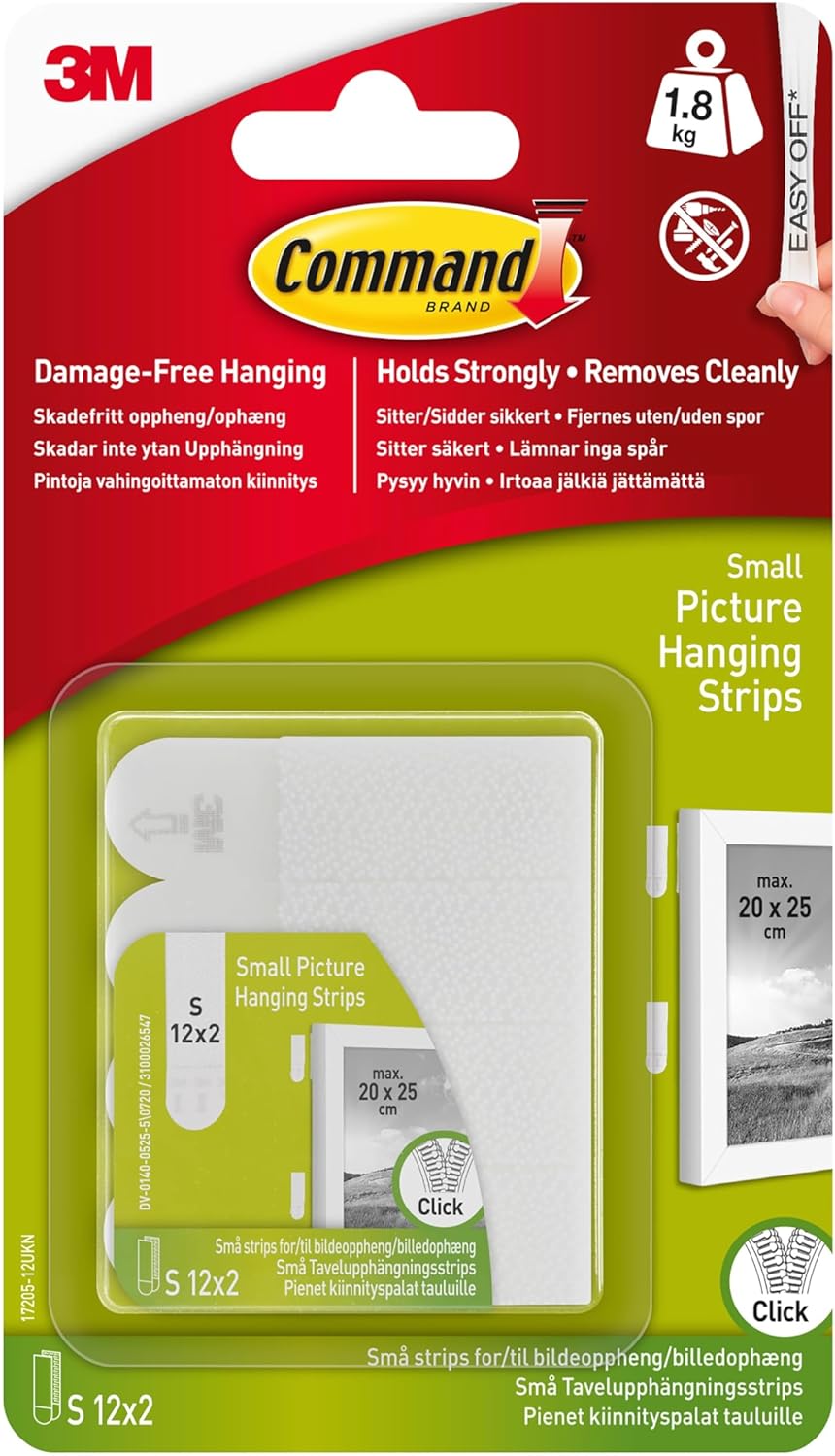 Command Picture Hanging Strips, White, Small - 12 Pairs (24 Strips) Adhesive Strips - For Pictures, Frames, Mirrors, Wall Decor - Damage Free Hanging