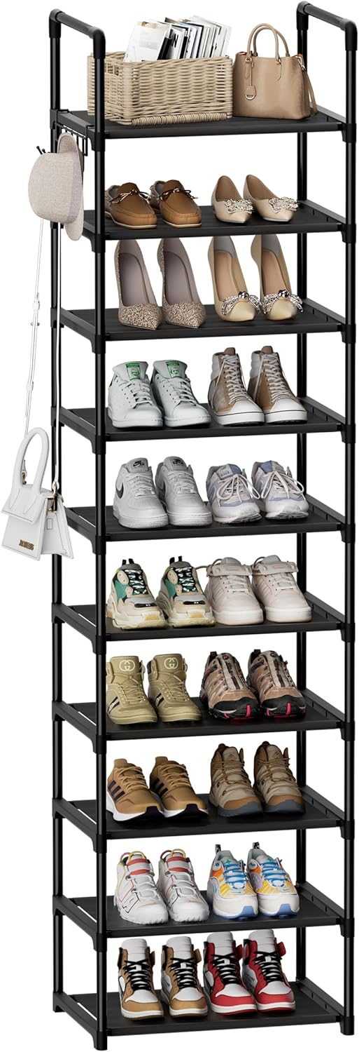 Shoe Rack, 10 Tier Shoe Storage Organizer with Hooks,Fit 20-25 Pairs Shoes,Metal Tall Shoe Shelf for Closet,Entryway,Garage,Bedroom,Cloakroom