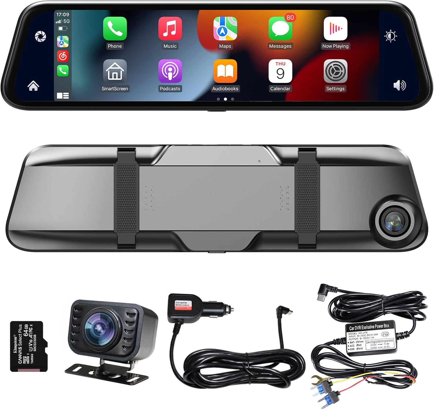 12" 2K Rear View Mirror Dash Cam Backup Camera, in-Mirror Smart HD Full Touch Screen Front&Rear Video Players Support Apple CarPlay&Android Auto for Cars&Trucks, Parking Monitoring, 64GB Card