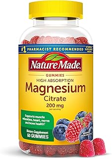 Nature Made High Absorption Magnesium Citrate 200 mg per serving, Magnesium Supplement for Muscle, Nerve, Bone and Heart Support, 60 Magnesium Gummies, 30 Day Supply