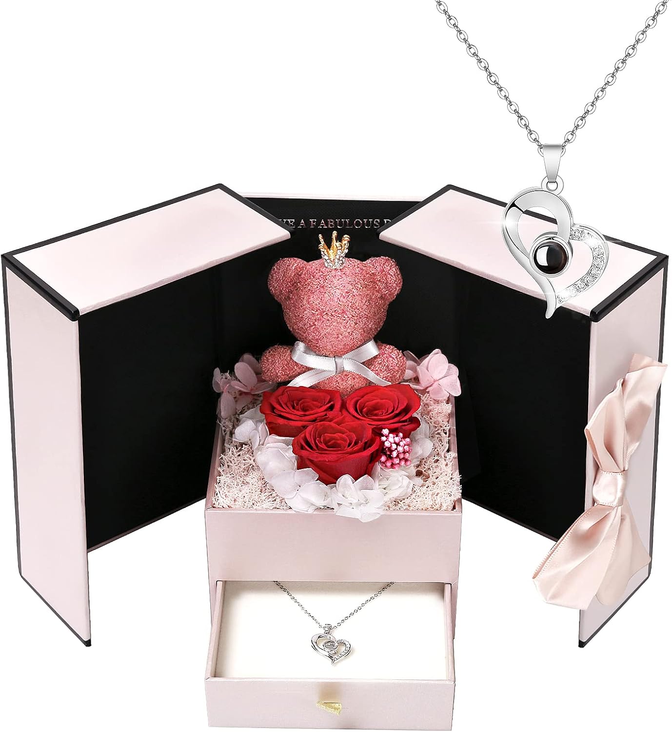 Preserved Christmas Rose Gifts For Women,Birthday Gifts for Women,3 Pcs Red Preserved Flowers Gifts for Her,Real Rose Fresh Flower with Necklace Gifts for Mom Day,Thanksgiving,Valentines