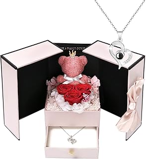 Preserved Christmas Rose Gifts For Women,Birthday Gifts for Women,3 Pcs Red Preserved Flowers Gifts for Her,Real Rose Fresh Flower with Necklace Gifts for Mom Day,Thanksgiving,Valentines