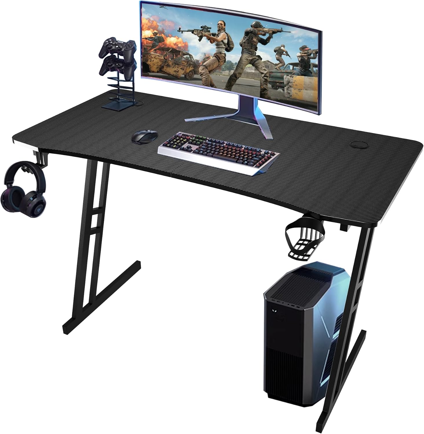 T-THREE.Gaming Desk 120 x 60cm Large metal-framed computer desk with carbon fibre finish, with cup holder and headphone hook, PC gaming desk for home office, easy assembly