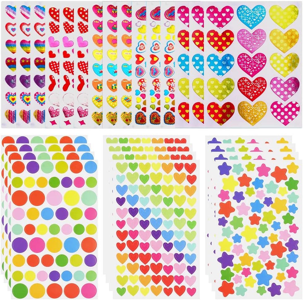 Star Stickers for Kids, 1814 PCS 27 Sheets Assorted Coloured Shaped Mini Teacher Reward Sticky Scrapbook Stars for Arts Crafts, Heart and Star Papeterie Stickers - Gifts for Christmas Decor