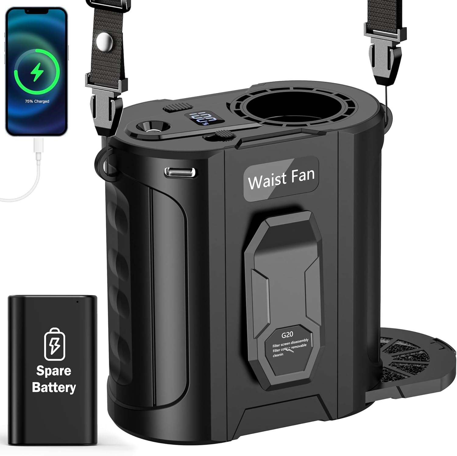 AI Portable Waist Fan With Spare Battery 5 Speeds Strong Airflow Belt Fan 26H Working Time Hands-Free Rechargeable Flashlight Personal Body For Outdoor Hiking Farms Camping